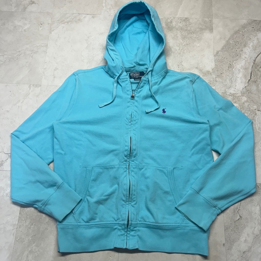 Polo Ralph Lauren Zip Up Hoodie Turquoise Blue Mens Size M Pique Cotton Pony